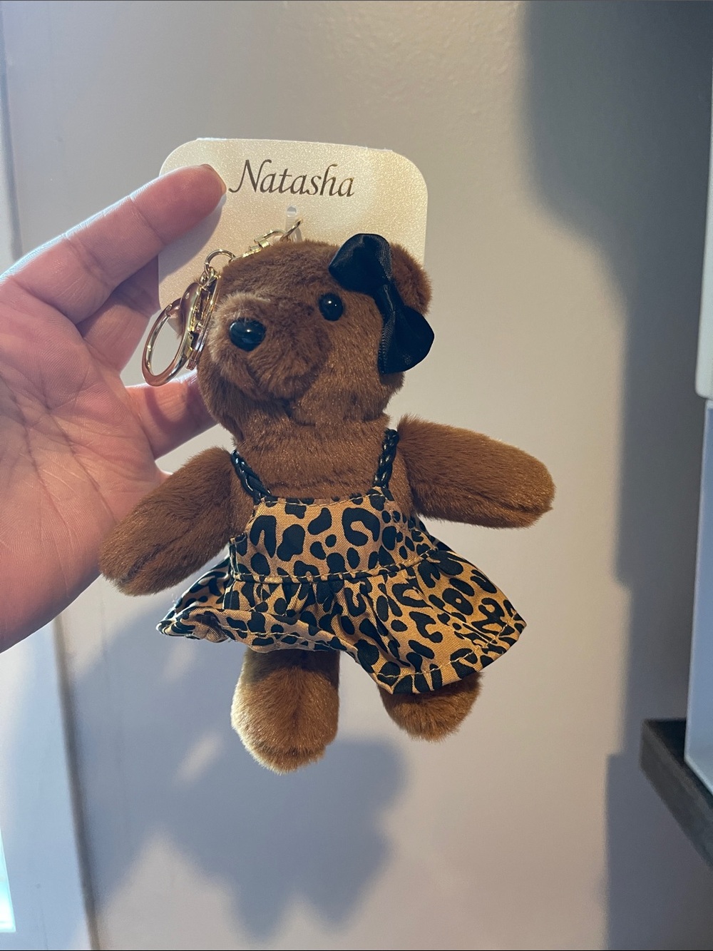Natasha Couture Brown Bear Keychain with Leopard Print Dress and Black Bow